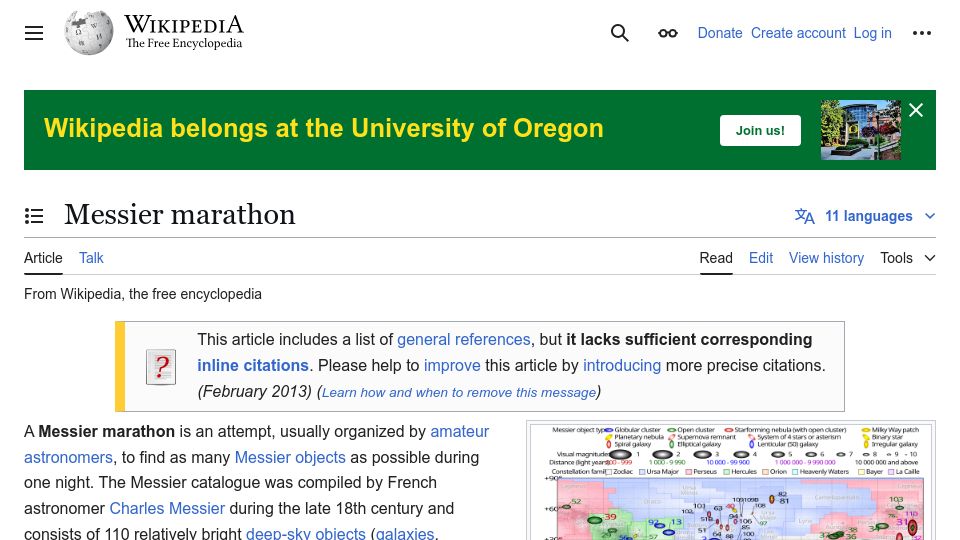 Screenshot of en.wikipedia.org: Messier Marathon