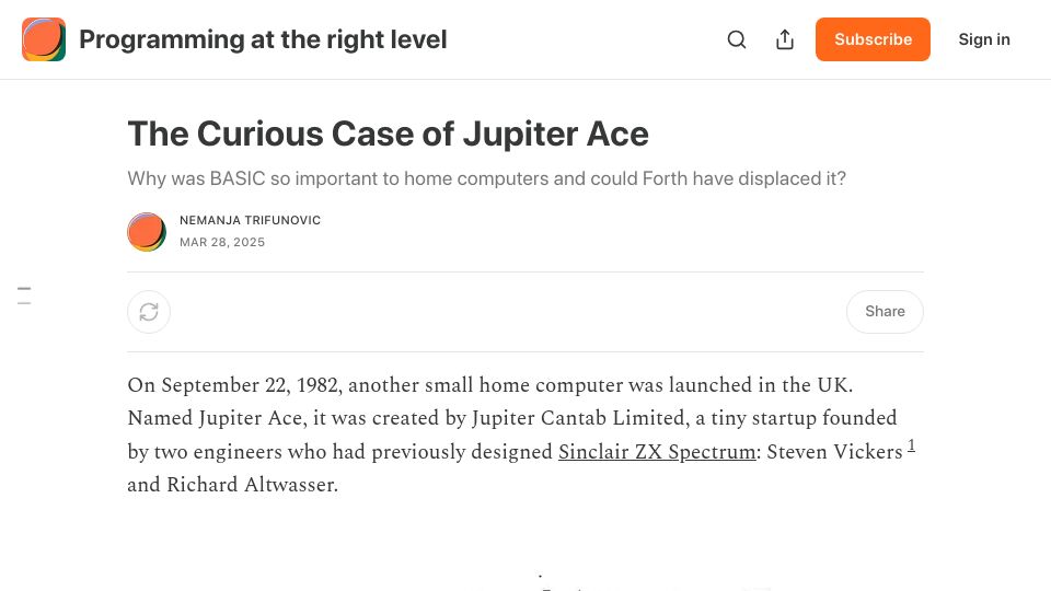 Screenshot of nemanjatrifunovic.substack.com: The Curious Case of Jupiter Ace