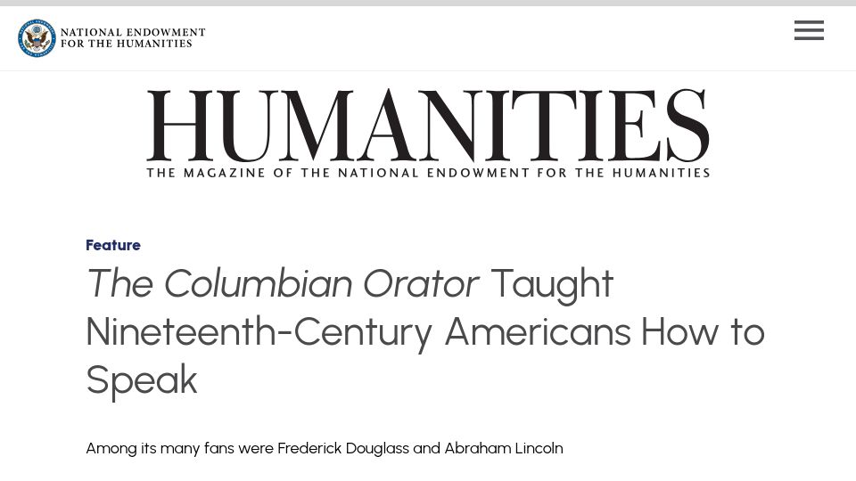 Screenshot of neh.gov: The Columbian Orator taught nineteenth-century Americans how to speak