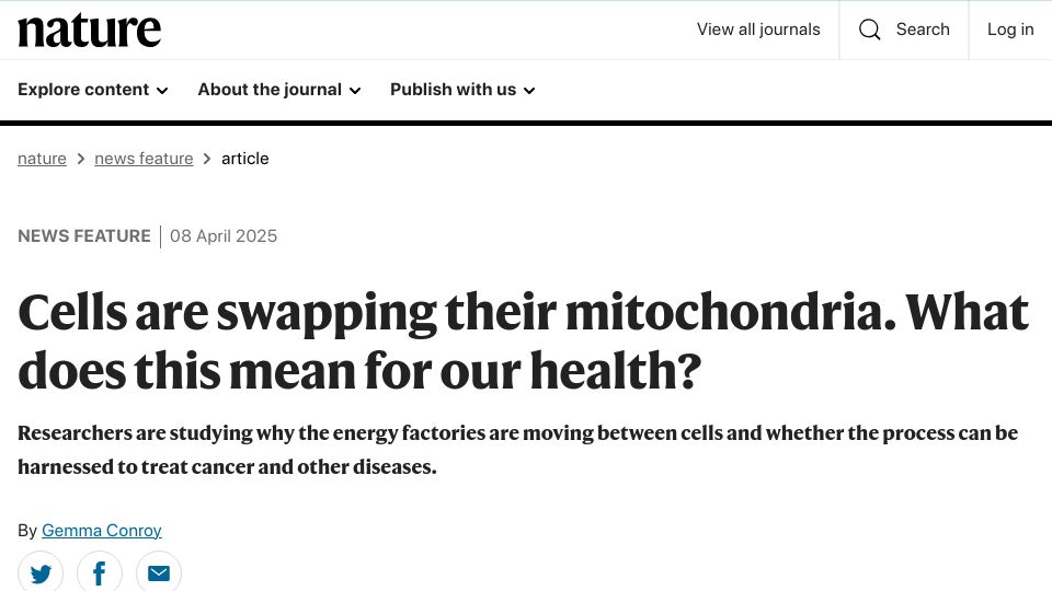 Screenshot of nature.com: Cells are swapping their mitochondria. What does this mean for our health?