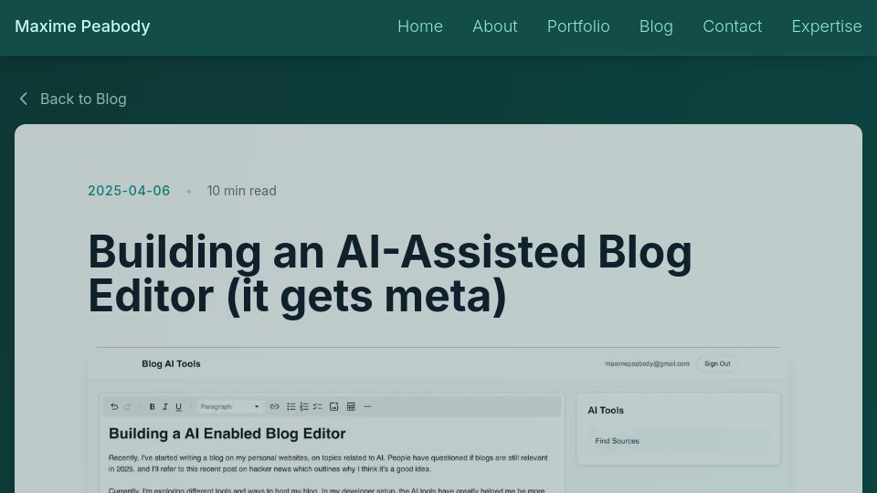 Screenshot of maximepeabody.com: Like cursor, but for blogging: a weekend project