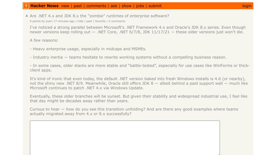 Screenshot of Hacker News post: Are .NET 4.x and JDK 8.x the "zombie" runtimes of enterprise software?