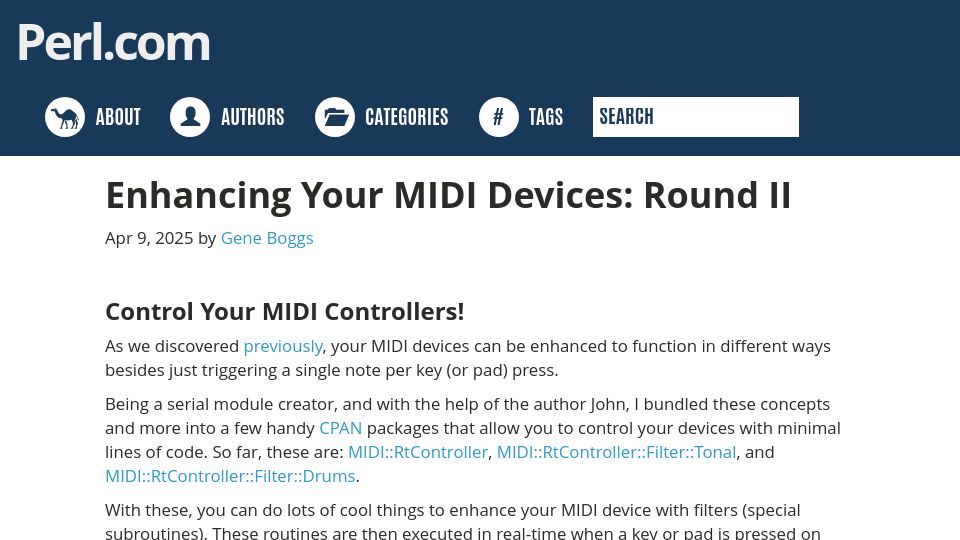 Screenshot of perl.com: Enhancing Your MIDI Devices: Round II