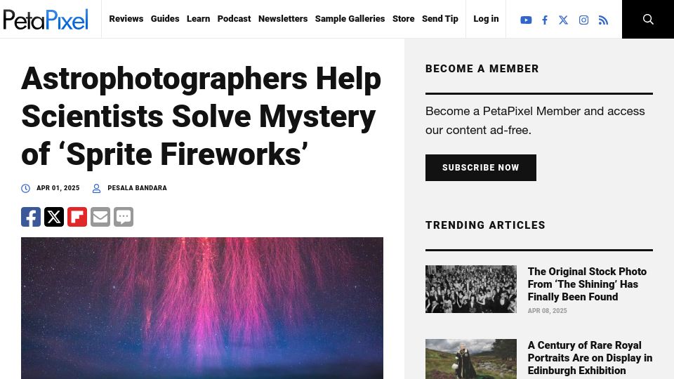 Screenshot of petapixel.com: Astrophotographers Help Scientists Solve Mystery of 'Sprite Fireworks'