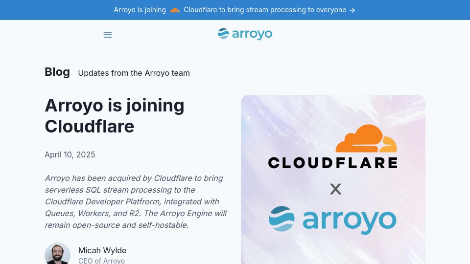 Screenshot of arroyo.dev: Arroyo (YC W23) has been acquired by Cloudflare