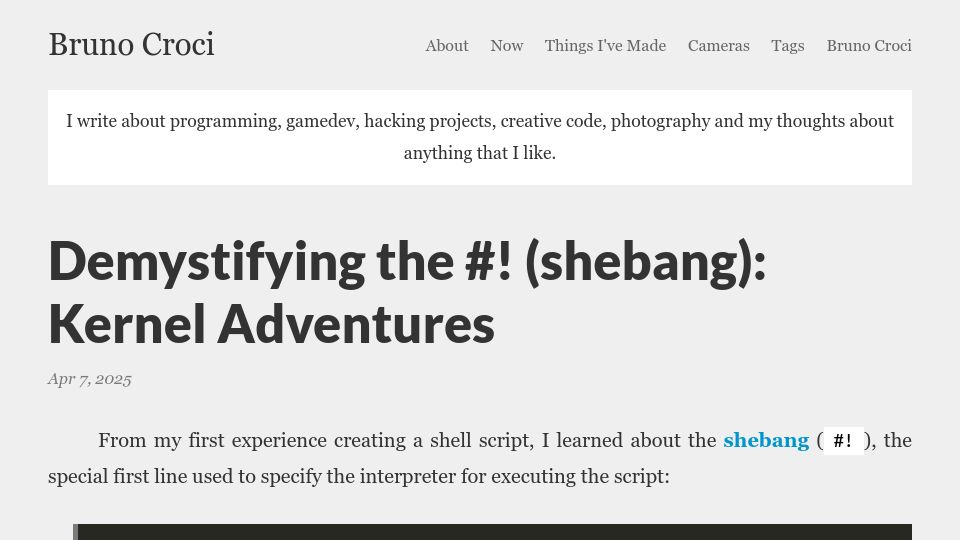 Screenshot of crocidb.com: Demystifying the (Shebang): Kernel Adventures