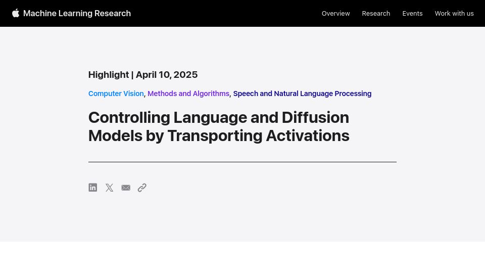 Screenshot of machinelearning.apple.com: Controlling Language and Diffusion Models by Transporting Activations
