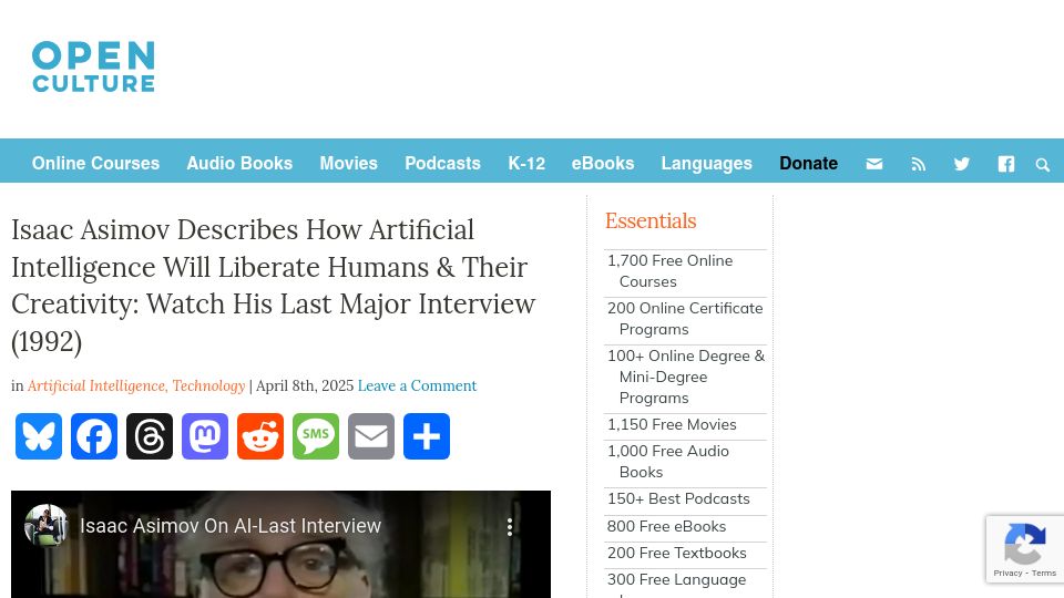 Screenshot of openculture.com: Isaac Asimov describes how AI will liberate humans and their creativity (1992)