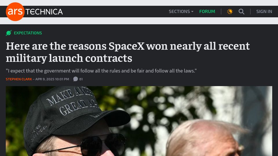 Screenshot of arstechnica.com: The reasons SpaceX won nearly all recent military launch contracts