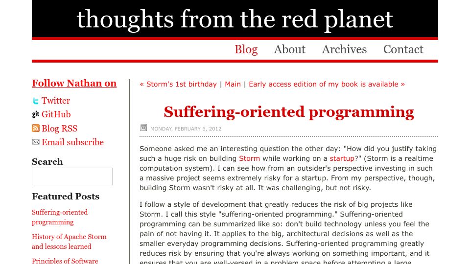 Screenshot of nathanmarz.com: Suffering-Oriented Programming (2012)