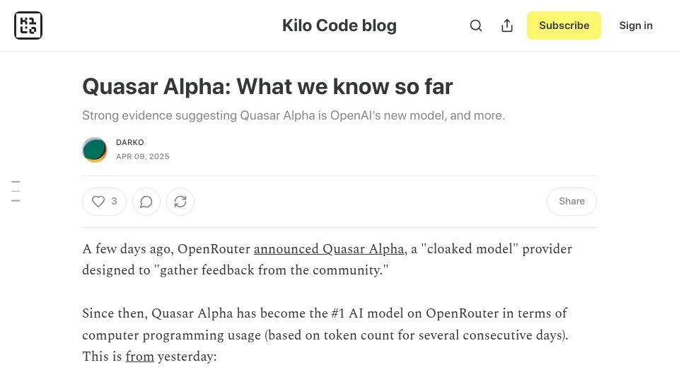 Screenshot of blog.kilocode.ai: Evidence suggesting Quasar Alpha is OpenAI's new model