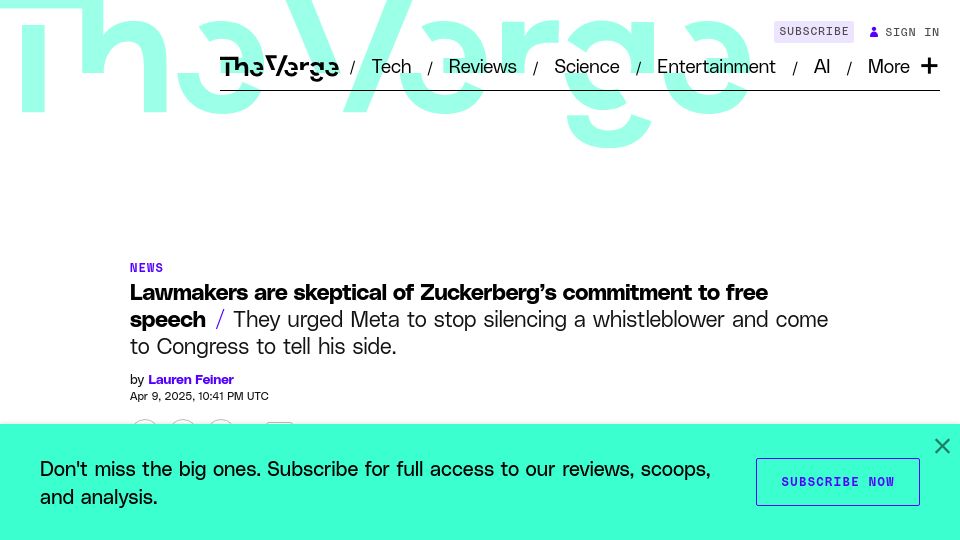 Screenshot of theverge.com: Lawmakers are skeptical of Zuckerberg's commitment to free speech