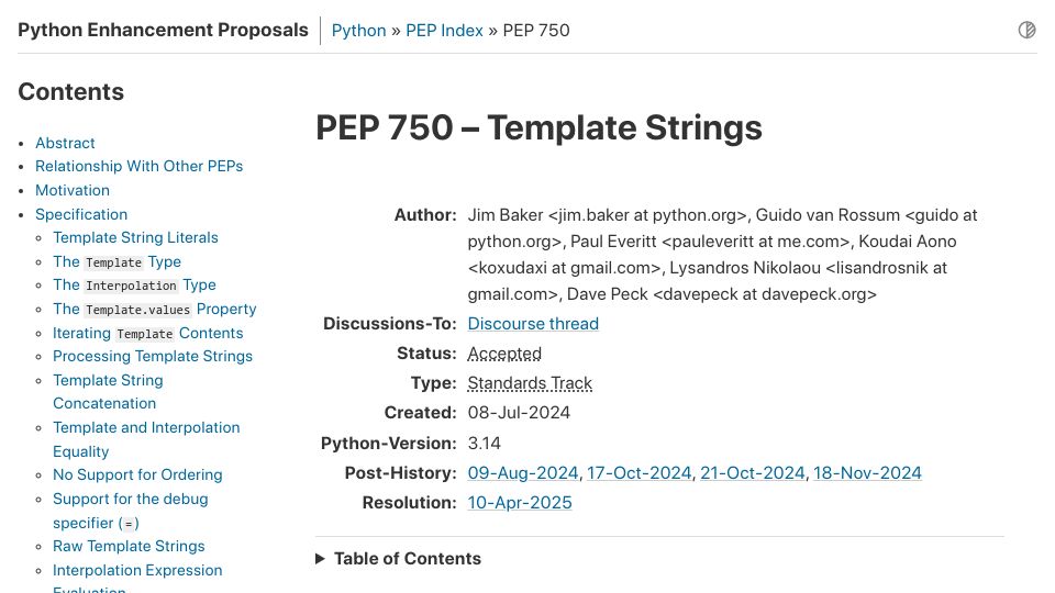 Screenshot of peps.python.org: PEP 750 – Template Strings