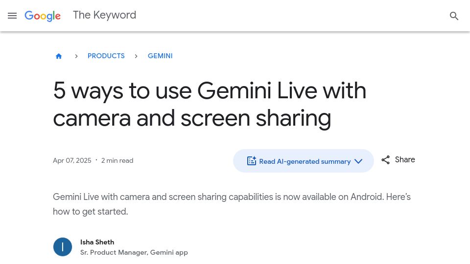 Screenshot of blog.google: Gemini Live with camera and screen sharing capabilities