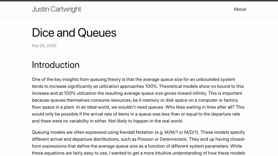 Screenshot of justincartwright.com: Dice and Queues