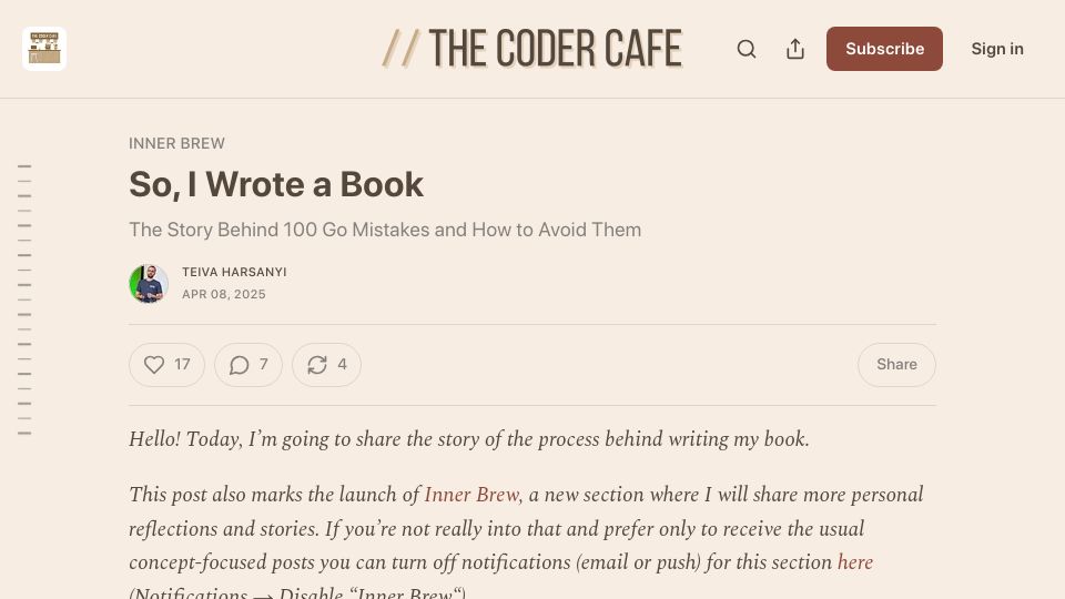 Screenshot of thecoder.cafe: The Story Behind “100 Go Mistakes and How to Avoid Them”