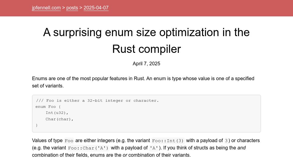 Screenshot of jpfennell.com: A surprising enum size optimization in the Rust compiler