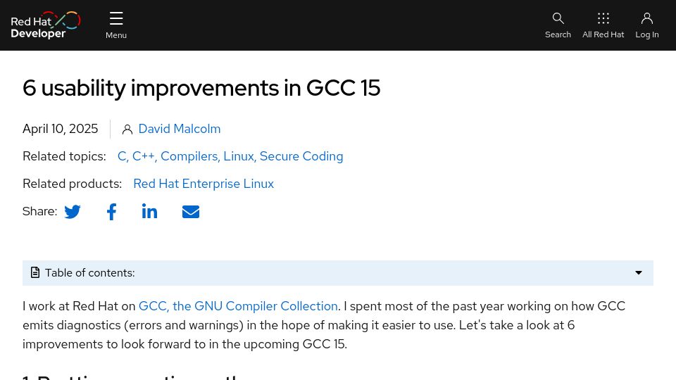 Screenshot of developers.redhat.com: Usability Improvements in GCC 15
