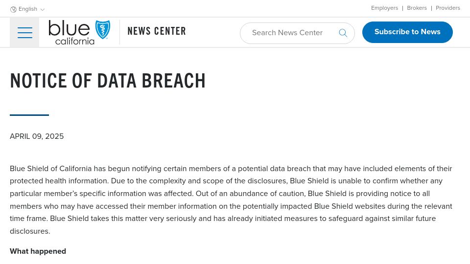 Screenshot of news.blueshieldca.com: Blue Shield Data Breach (Google Ads)