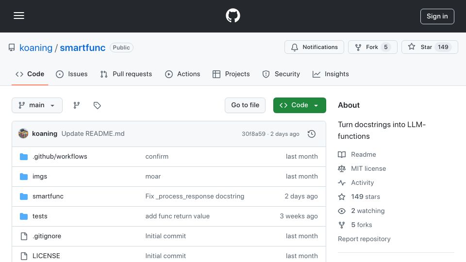Screenshot of github.com: Smartfunc: Turn Docstrings into LLM-Functions