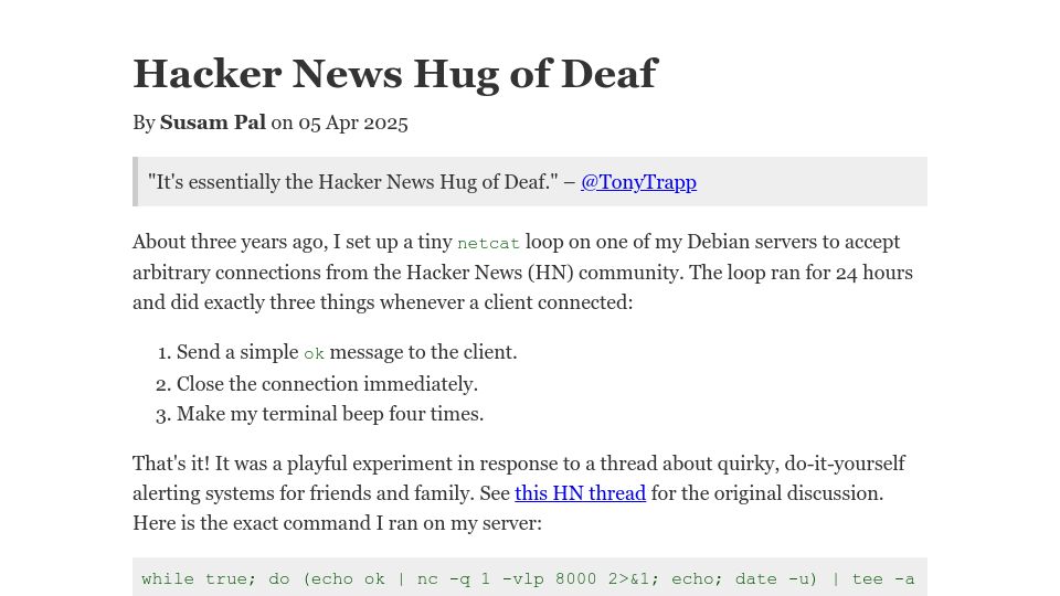 Screenshot of susam.net: Hacker News Hug of Deaf