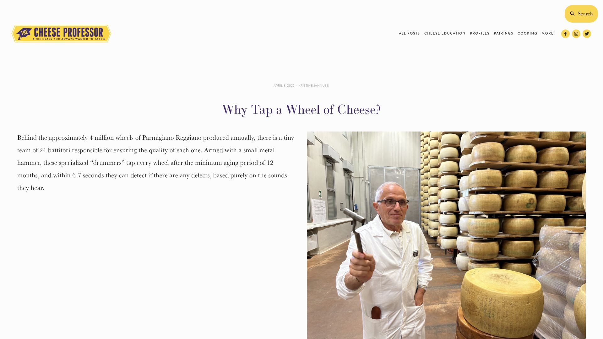 Screenshot of cheeseprofessor.com: Why Tap a Wheel of Cheese?
