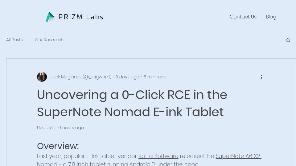 Screenshot of prizmlabs.io: Uncovering a 0-Click RCE in the SuperNote Nomad E-Ink Tablet