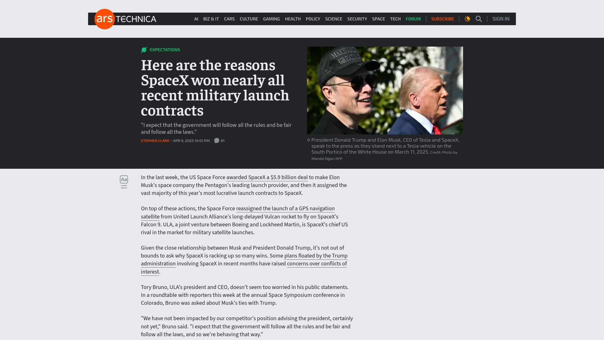 Screenshot of arstechnica.com: The reasons SpaceX won nearly all recent military launch contracts