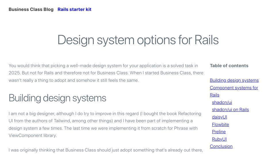 Screenshot of businessclasskit.com: Design System Options for Rails