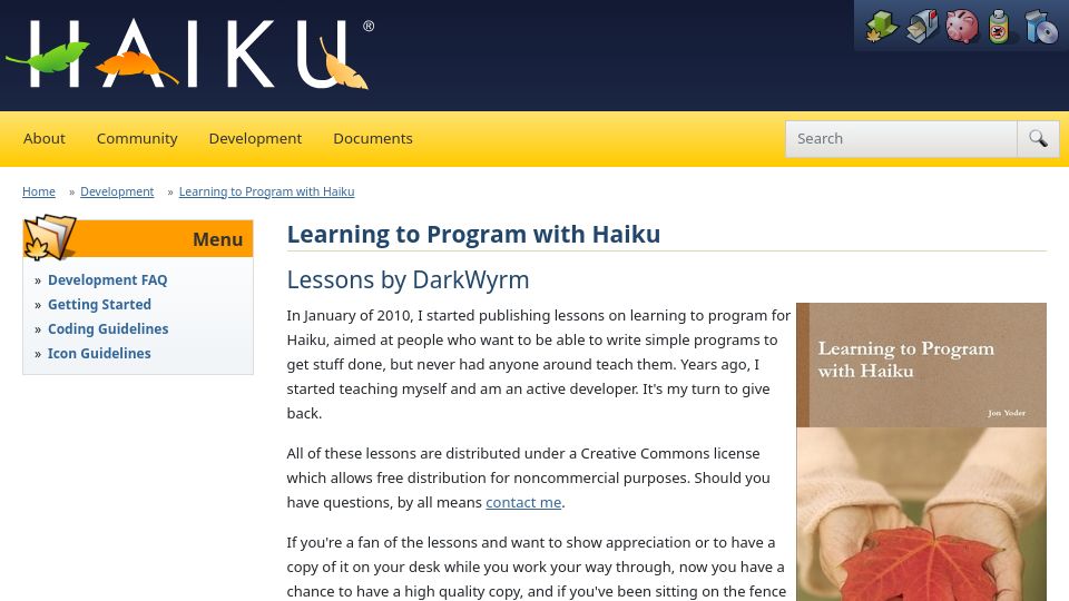Screenshot of haiku-os.org: Learning to Program with Haiku