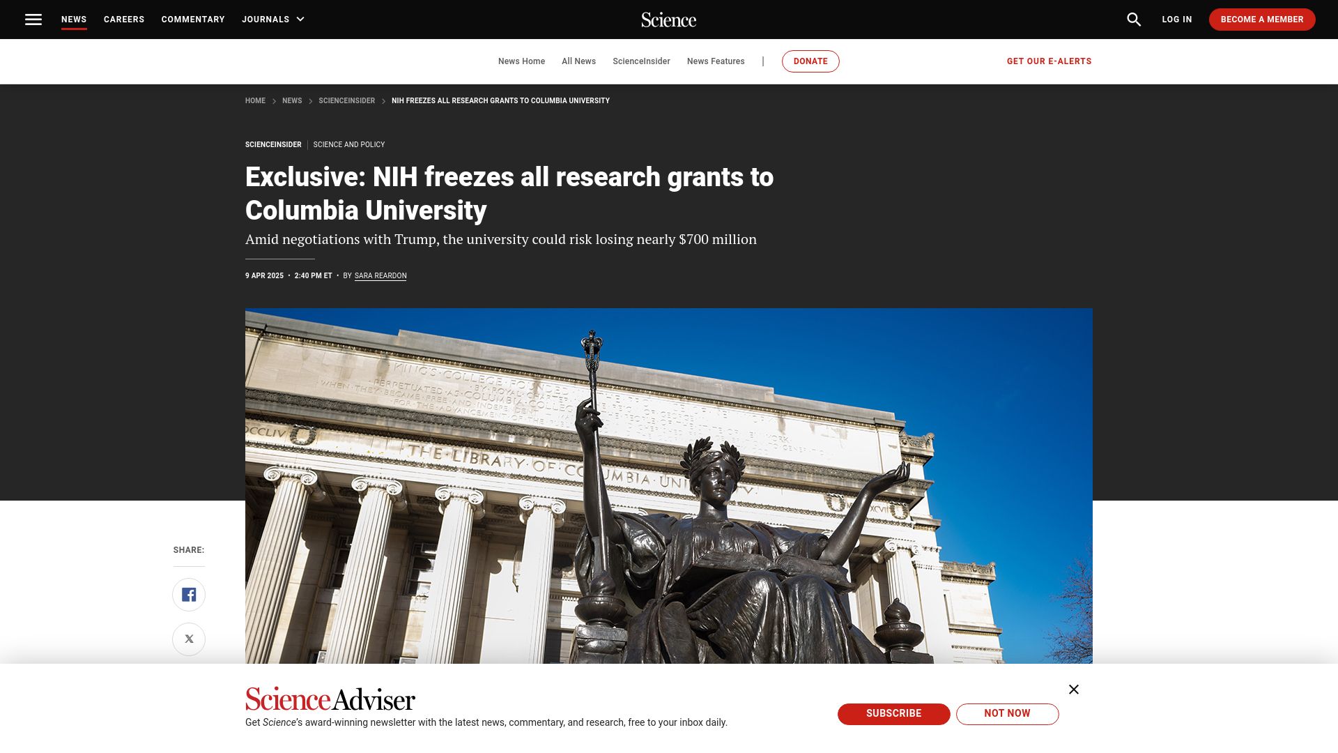 Screenshot of science.org: NIH freezes all research grants to Columbia University