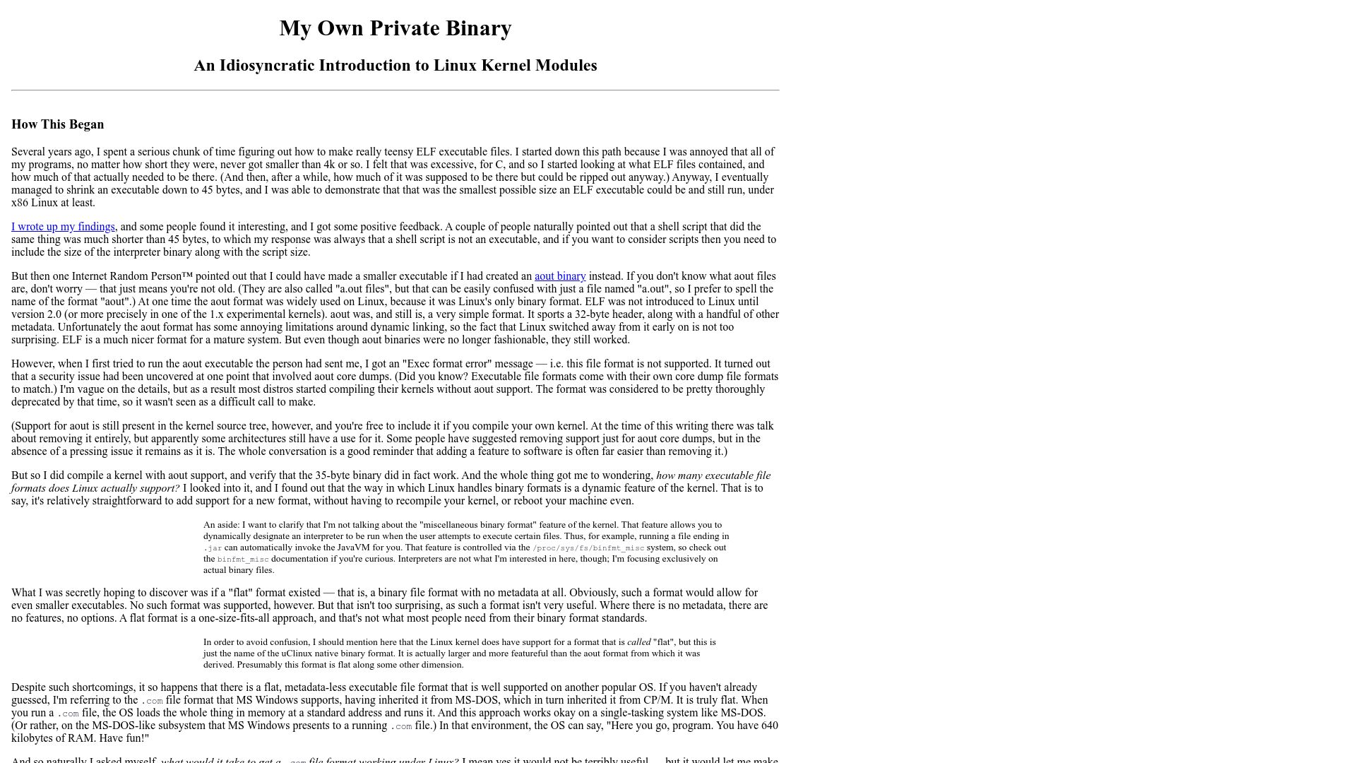 Screenshot of muppetlabs.com: My Own Private Binary: An Idiosyncratic Introduction to Linux Kernel Modules