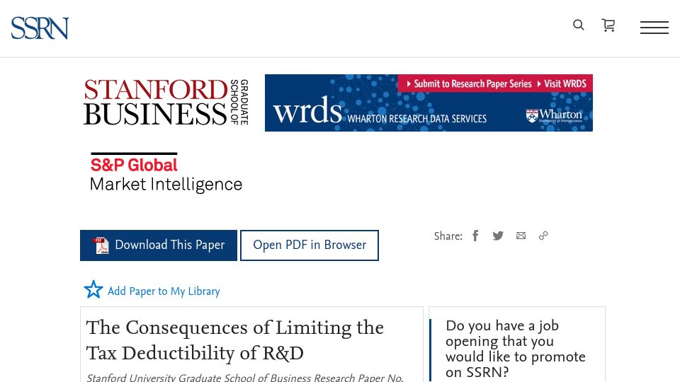 Screenshot of papers.ssrn.com: The Consequences of Limiting the Tax Deductibility of R&D