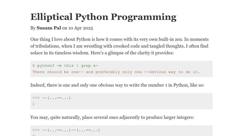 Screenshot of susam.net: Elliptical Python Programming