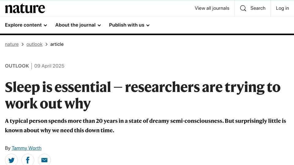 Screenshot of nature.com: Sleep is essential – researchers are trying to work out why