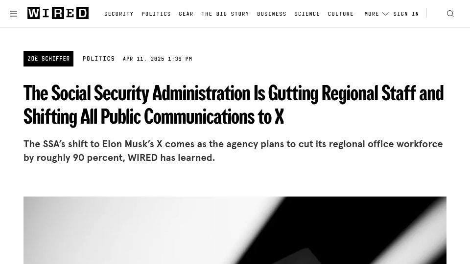 Screenshot of wired.com: Social Security Administration Moving Public Communications to X