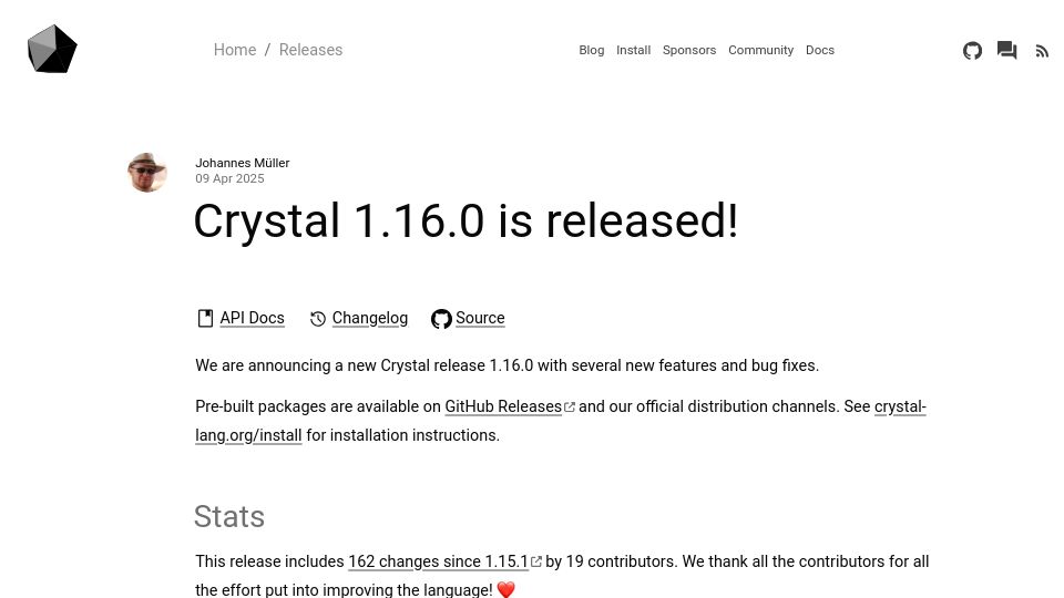 Screenshot of crystal-lang.org: Crystal 1.16.0