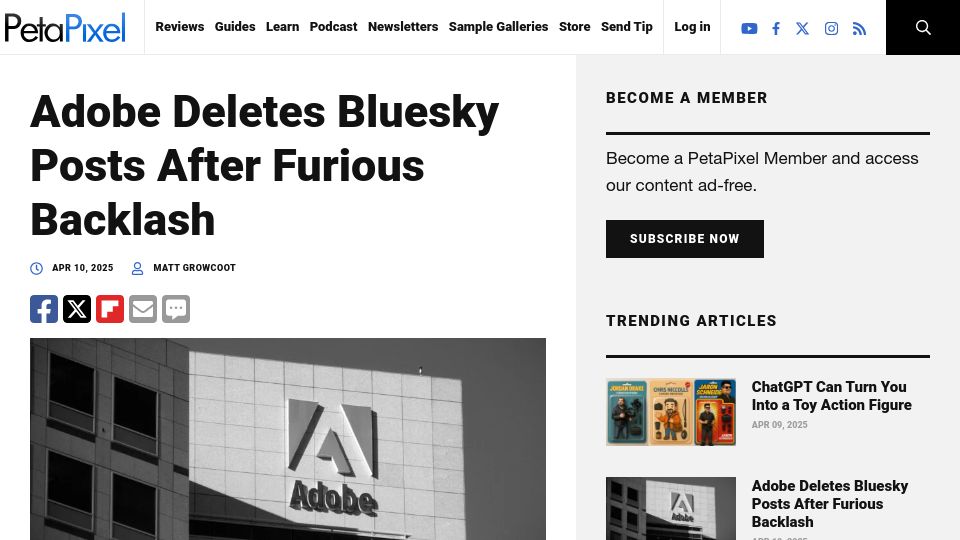 Screenshot of petapixel.com: Adobe deletes Bluesky posts after backlash