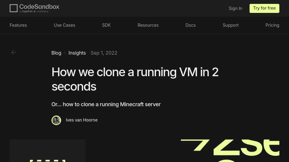 Screenshot of codesandbox.io: We clone a running VM in 2 seconds (2022)