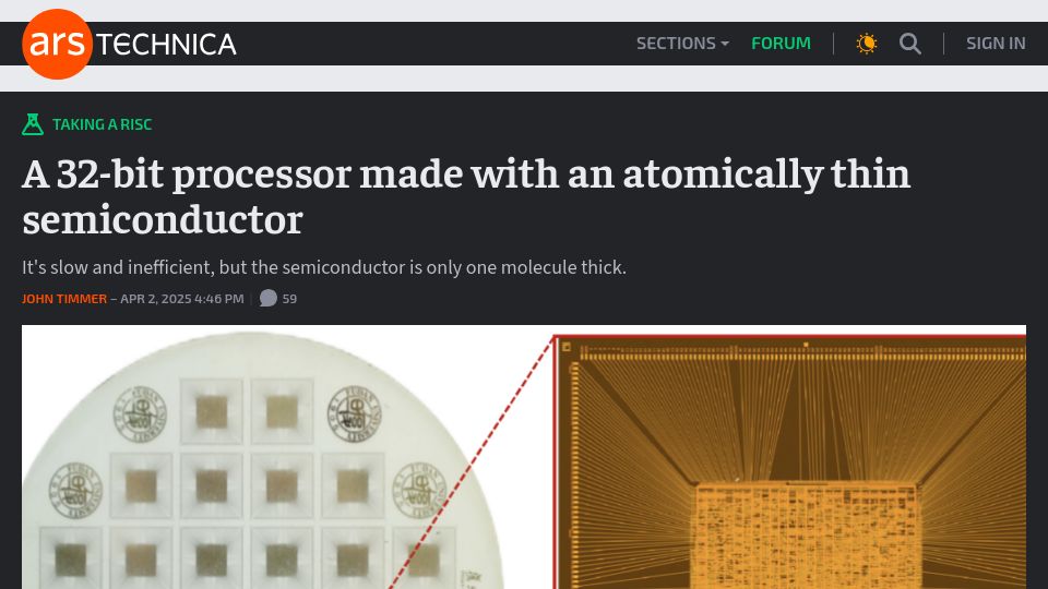 Screenshot of arstechnica.com: A 32-bit processor made with an atomically thin semiconductor