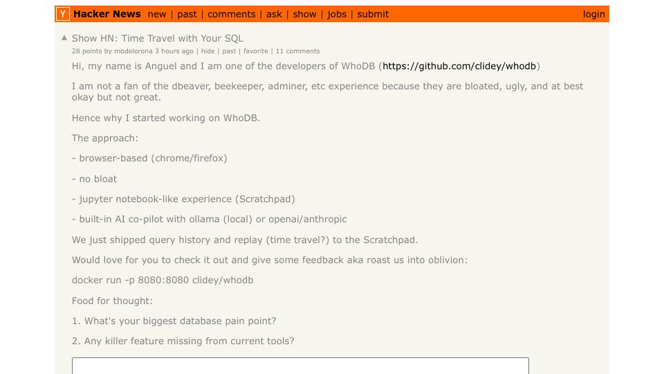 Screenshot of Hacker News post: Show HN: Time Travel with Your SQL