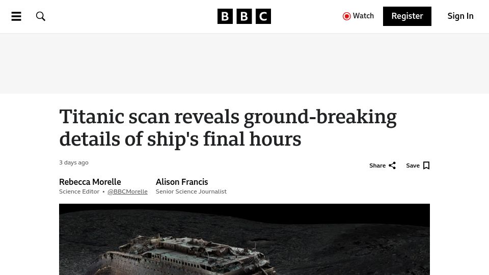 Screenshot of bbc.com: Titanic digital scan reveals new details of ship's final hours
