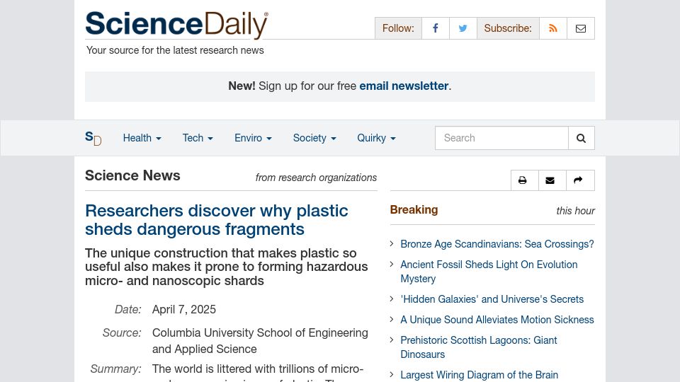 Screenshot of sciencedaily.com: Researchers discover why plastic sheds dangerous fragments