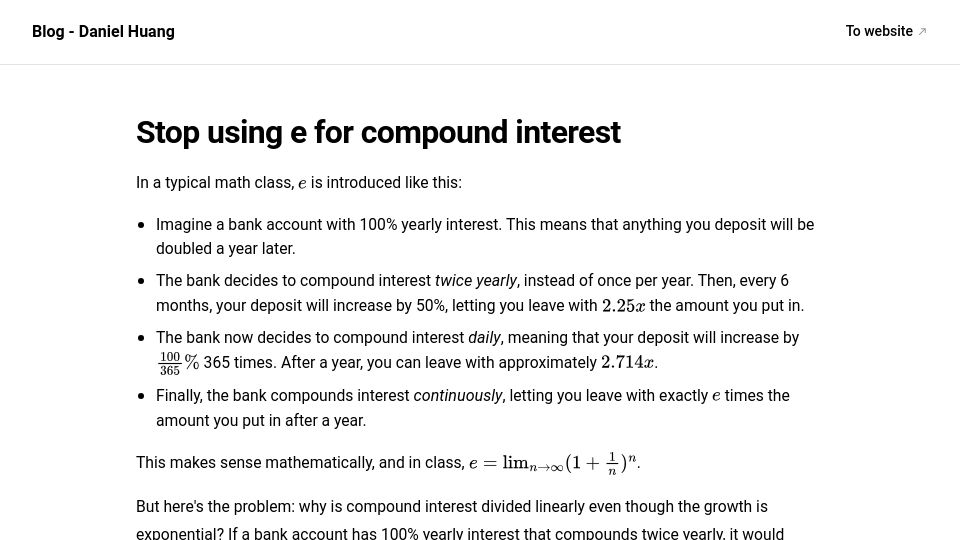 Screenshot of blog.danielh.cc: Stop using e for compound interest