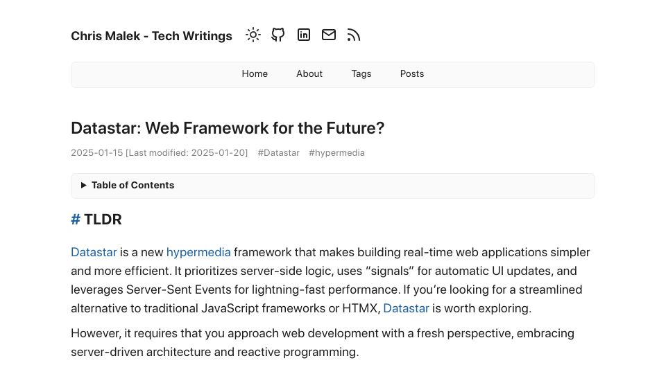 Screenshot of chrismalek.me: Datastar: Web Framework for the Future?