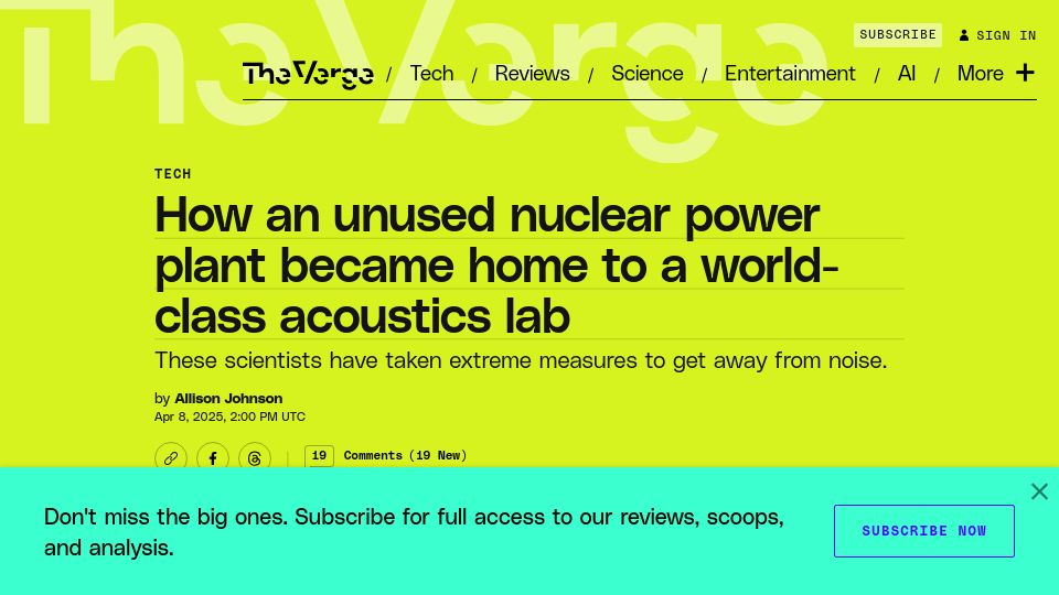 Screenshot of theverge.com: An unused nuclear power plant became home to a world-class acoustics lab
