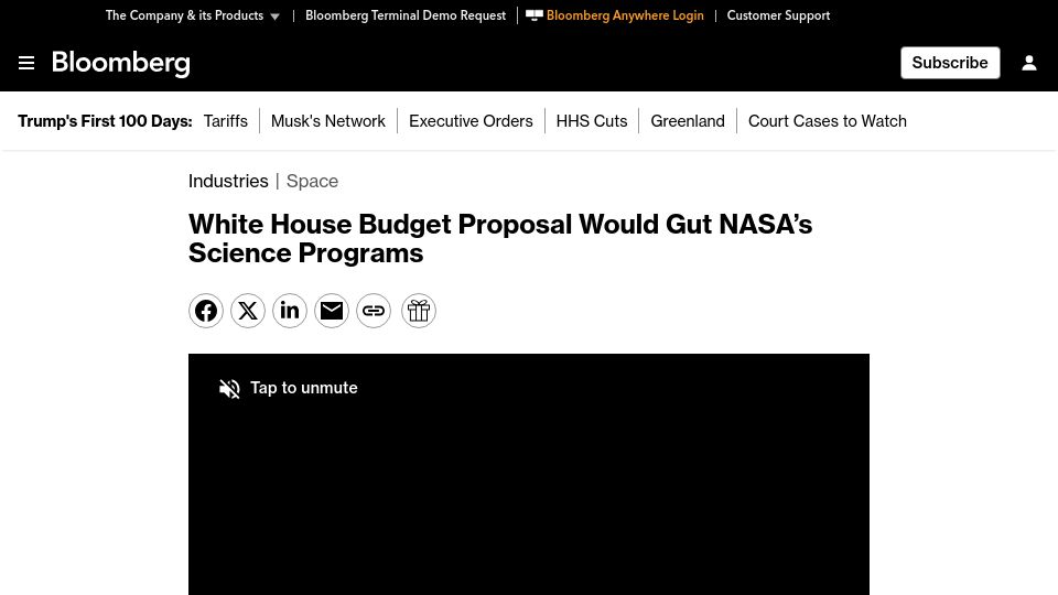Screenshot of bloomberg.com: White House Budget Proposal Would Gut NASA's Science Programs