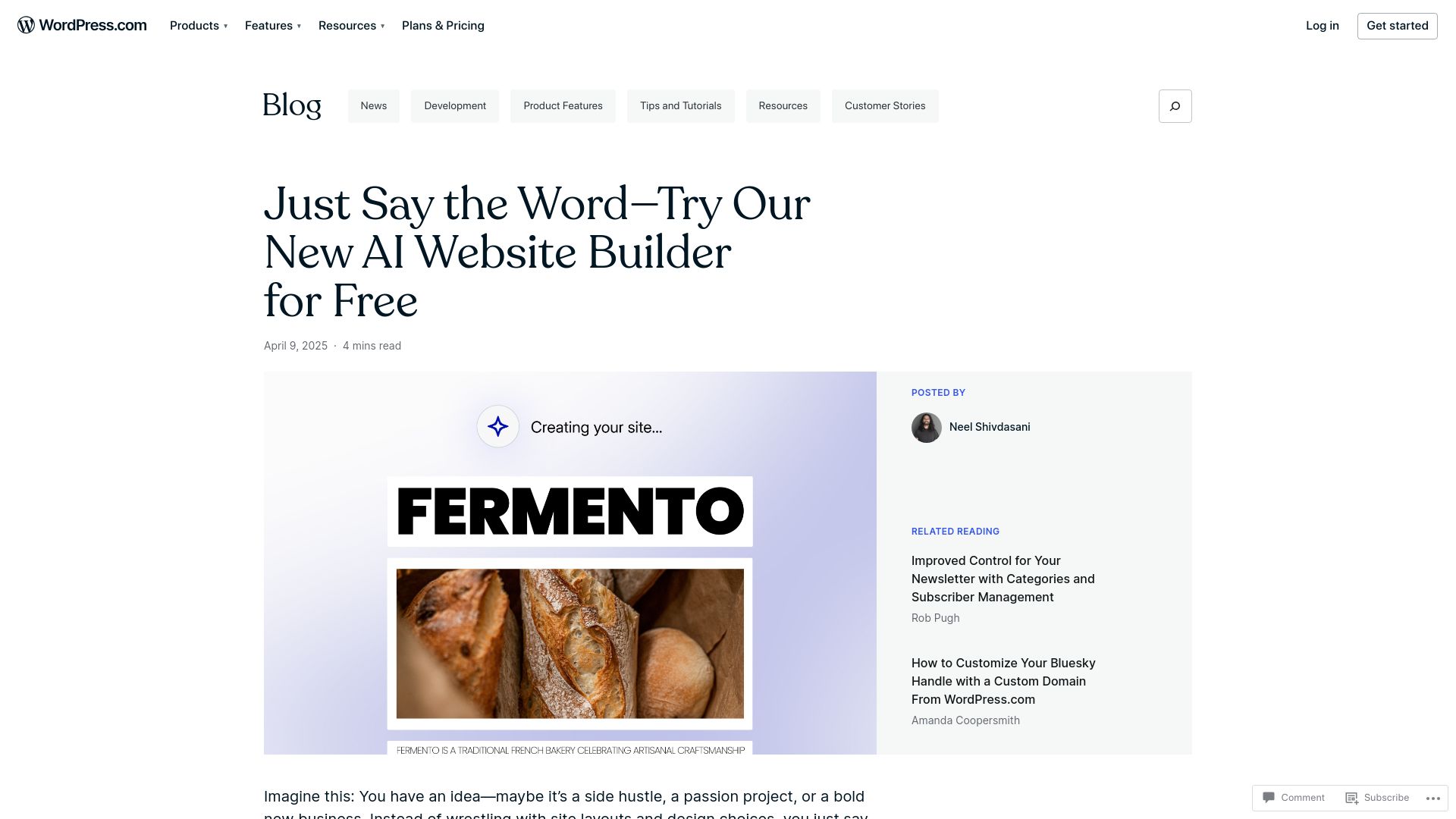 Screenshot of wordpress.com: Our New AI Website Builder