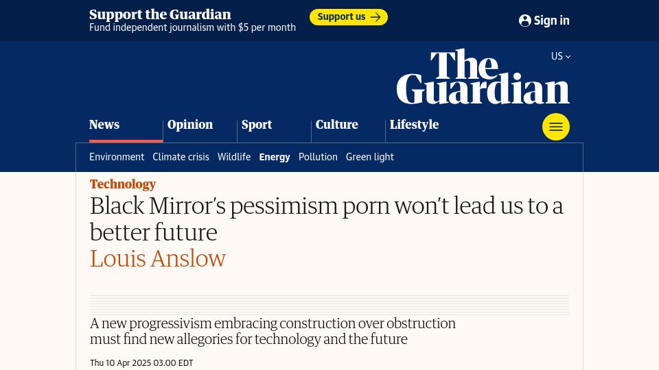 Screenshot of theguardian.com: Black Mirror's pessimism porn won't lead us to a better future