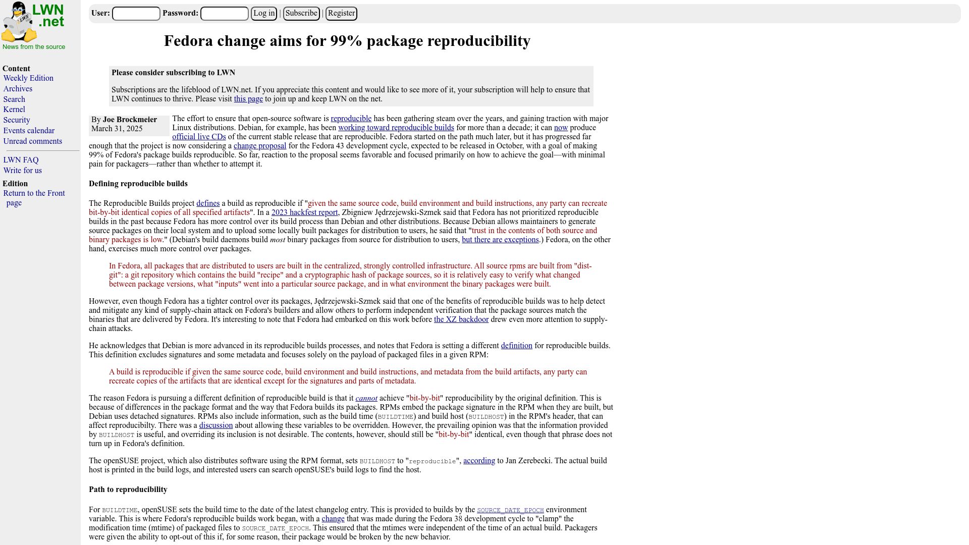 Screenshot of lwn.net: Fedora change aims for 99% package reproducibility